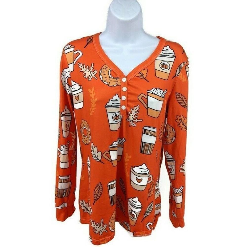 Fall Womens Pumpkin Spice Latte Pajama‎ Top Or Shirt Donuts Leaves Coffee PSL